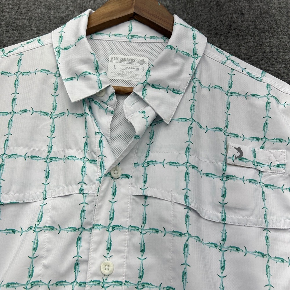 Reel Legends Fishing Shirt Mens L Mariner UPF Vented Fish Button